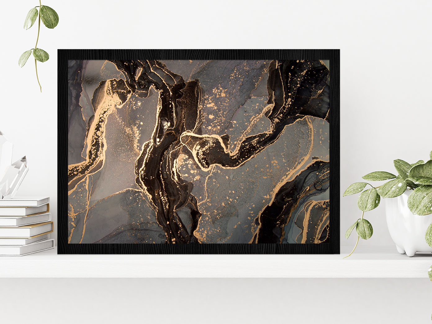 Gold & Black Abstract Marble Paint Glass Framed Wall Art, Ready to Hang Quality Print Without White Border Black
