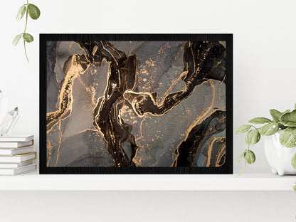 Gold & Black Abstract Marble Paint Glass Framed Wall Art, Ready to Hang Quality Print Without White Border Black