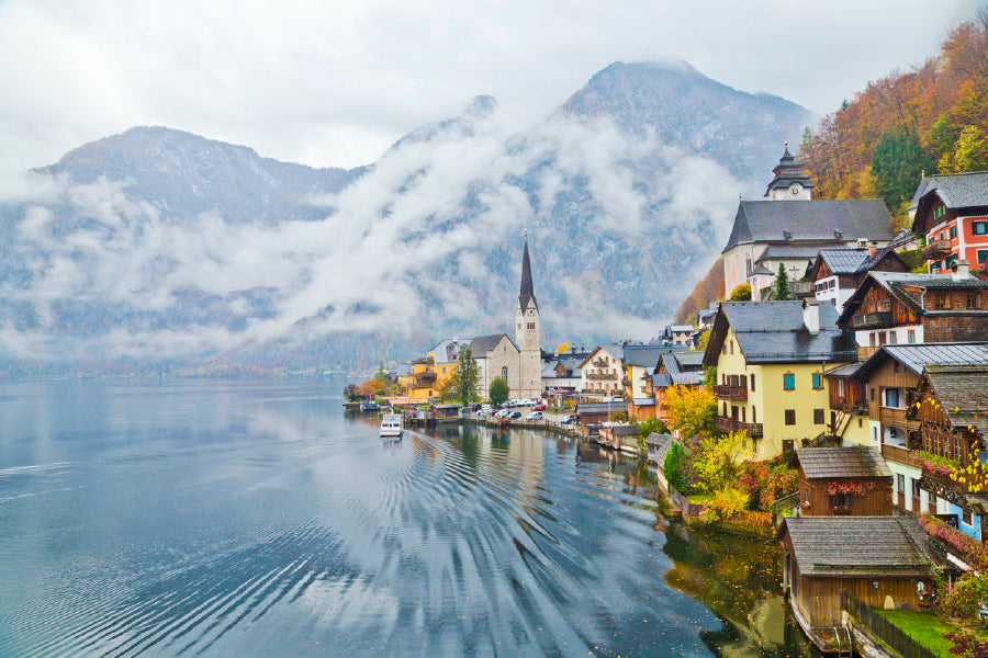 Hallstatt Town In A Foggy Day Glass Framed Wall Art, Ready to Hang Quality Print