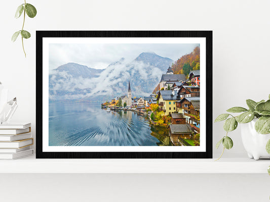 Hallstatt Town In A Foggy Day Glass Framed Wall Art, Ready to Hang Quality Print With White Border Black