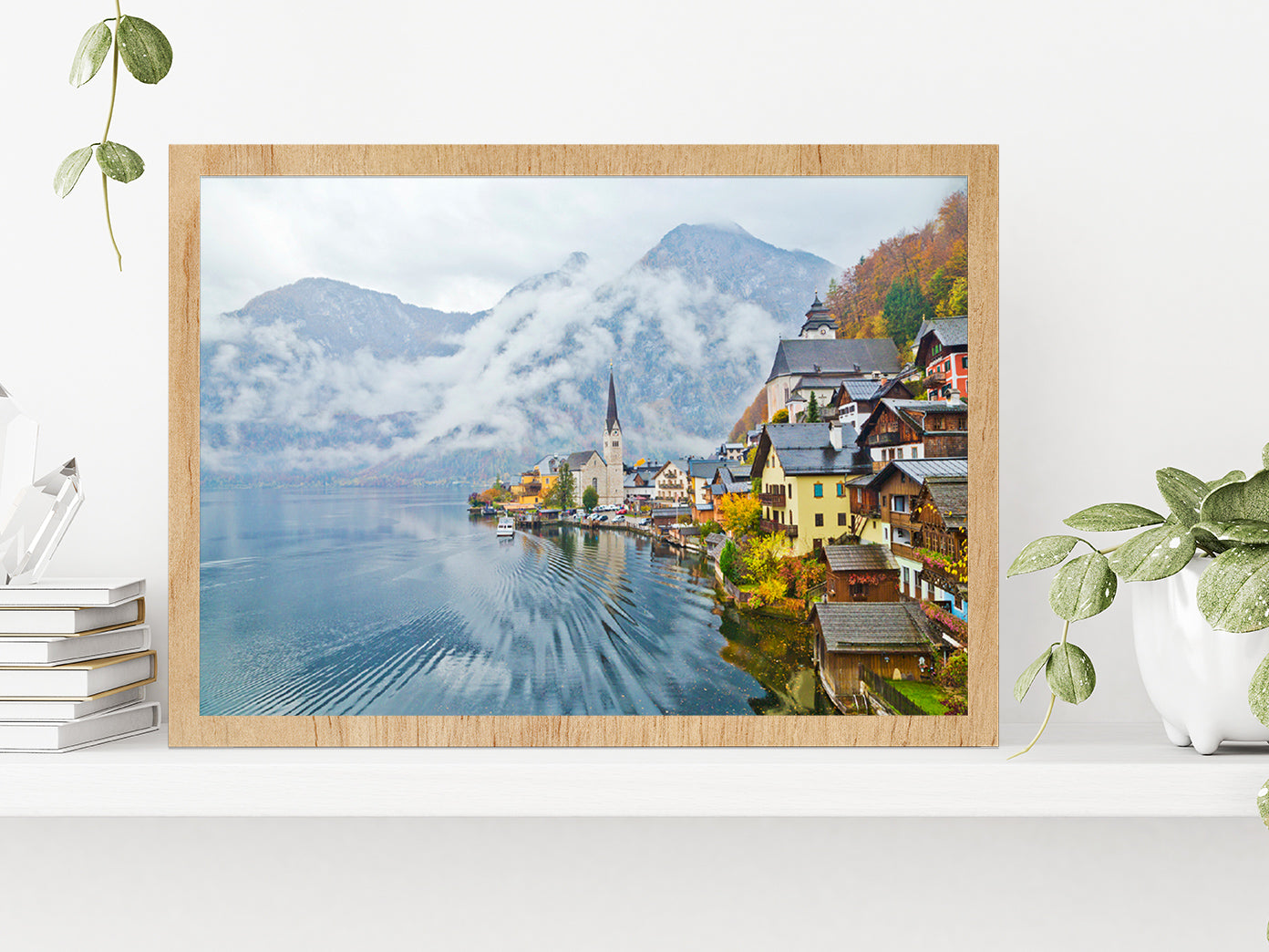 Hallstatt Town In A Foggy Day Glass Framed Wall Art, Ready to Hang Quality Print Without White Border Oak