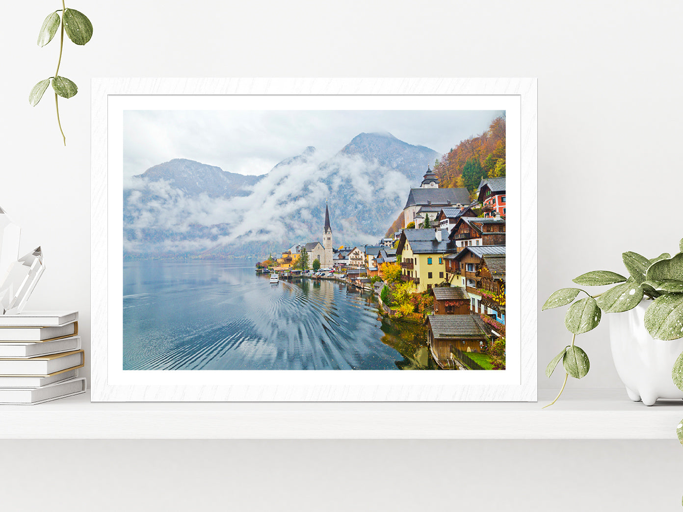 Hallstatt Town In A Foggy Day Glass Framed Wall Art, Ready to Hang Quality Print With White Border White