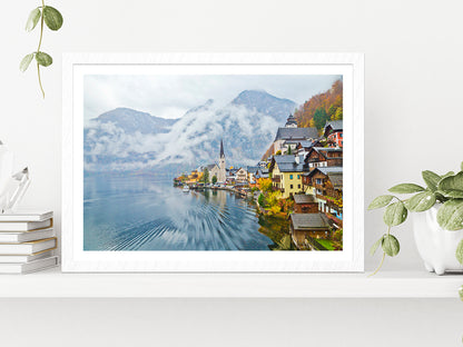 Hallstatt Town In A Foggy Day Glass Framed Wall Art, Ready to Hang Quality Print With White Border White