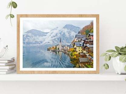 Hallstatt Town In A Foggy Day Glass Framed Wall Art, Ready to Hang Quality Print With White Border Oak