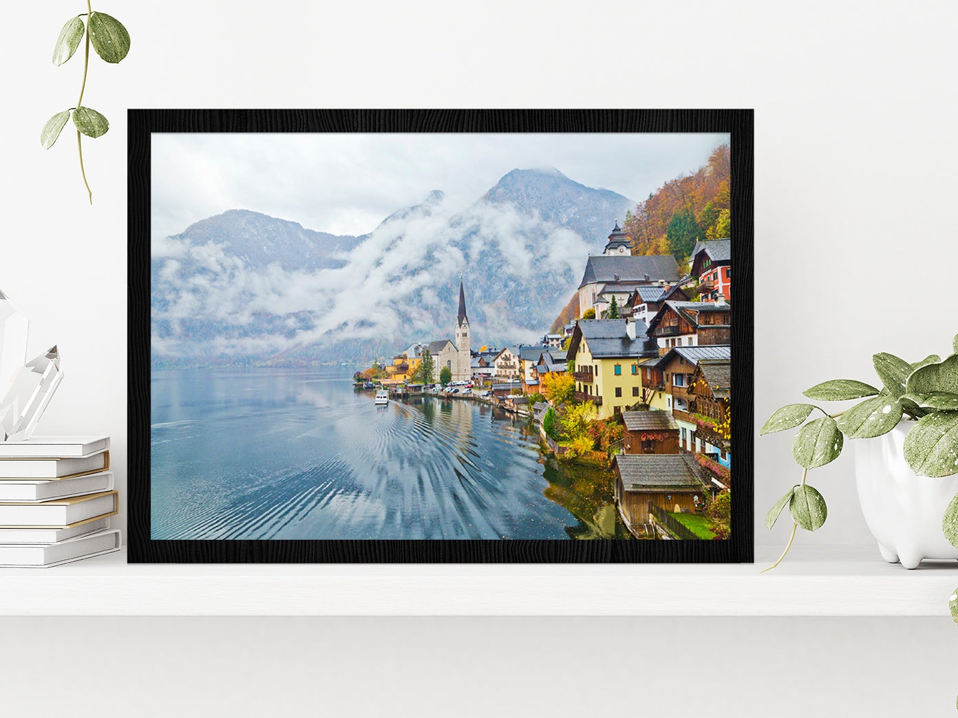 Hallstatt Town In A Foggy Day Glass Framed Wall Art, Ready to Hang Quality Print Without White Border Black