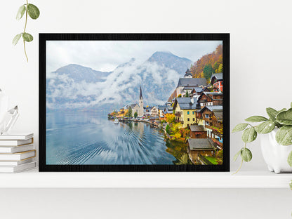 Hallstatt Town In A Foggy Day Glass Framed Wall Art, Ready to Hang Quality Print Without White Border Black