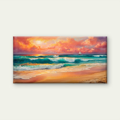 Sunset Ocean Waves Seascape With Sailboat And Fiery Clouds Wall Art Canvas Office Home Room Framed 120x60cm