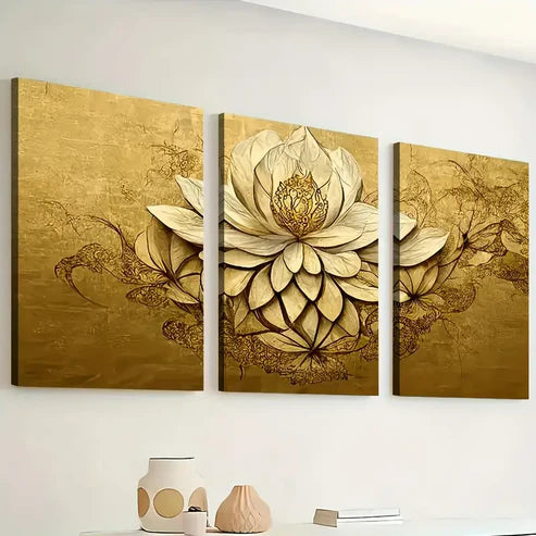 3pcs Retro Style Golden Light Luxury Flower Art Wall Art Canvas Unframed - High Quality Print 100% Australian Made Wall Canvas