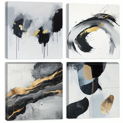 4pcs Black , Gold and White Paint   Wall Art Canvas Framed