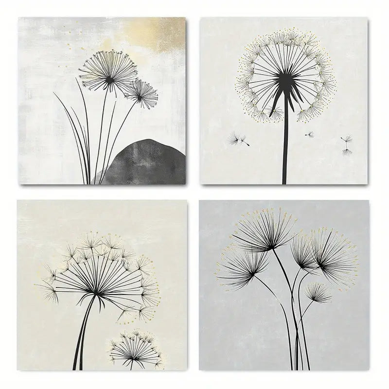 4pcs Dark Pastel Dandelion Flowers Elegant Wall Art Canvas Framed
