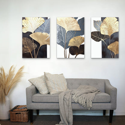 3pcs Modern Abstract Blue Gold Ginkgo Leaf  Wall Art Set Canvas Framed 60x90cm - High Quality Print 100% Australian Made Wall Canvas Ready to Hang