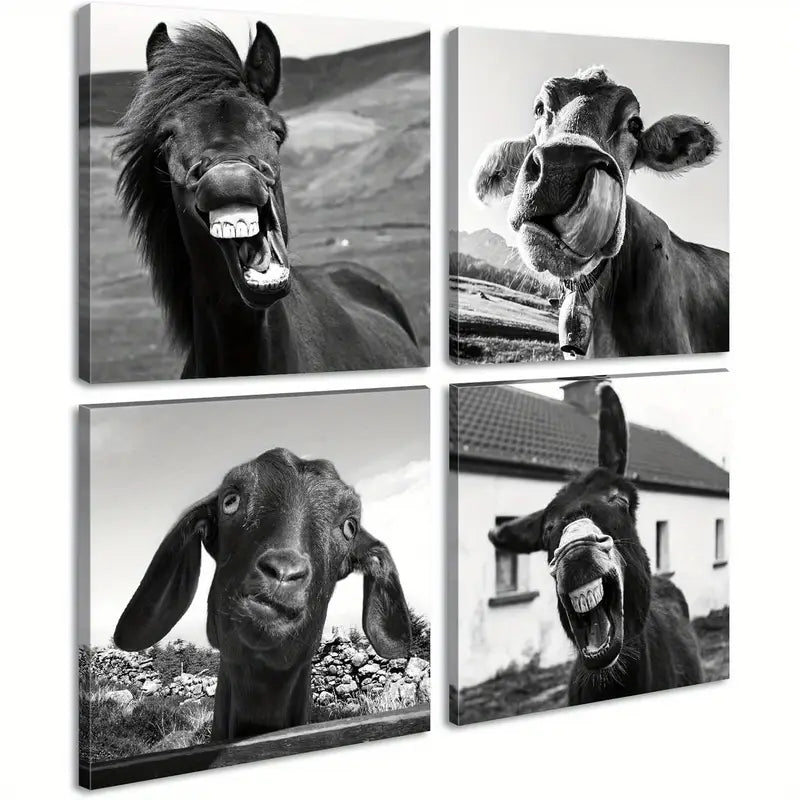 4pcs Horse, Cow, Goat, Donkey with Humorous Wall Art Canvas Framed