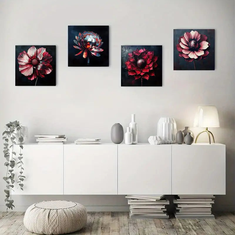 4pcs Disco Flower Trendy  Picture Wall Art Canvas Framed