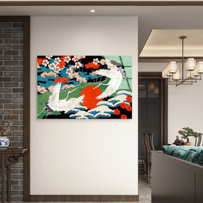 Japanese Ukiyo e Cranes Rising Glass Printing Wall Art Australian Made Quality