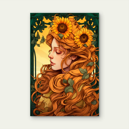 Nouveau Sunflower Woman Red Hair 40x60cm Metal Print Ready to Hang