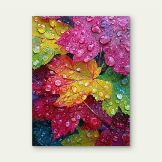 Close-Up of Raindrops on Colorful Autumn Leaves Metal Print Ready to Hang