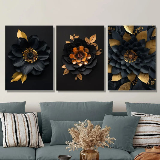 3pcs Elegant Black & Golden Floral Abstract Botanical Metal Print Ready to Hang Art