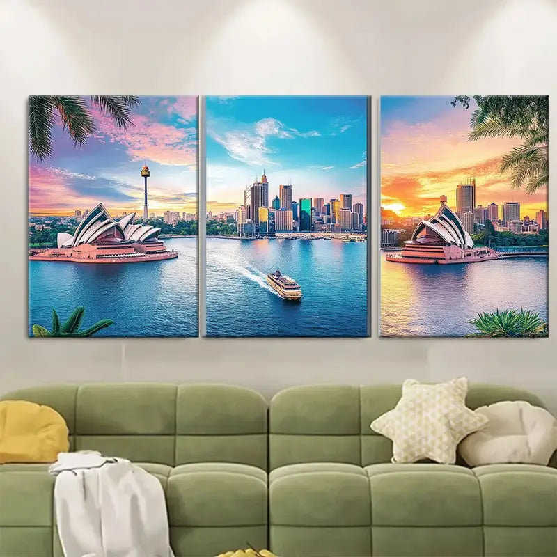 3pcs Melbourne Perth Sydney Travel Australia Wall Art Set Canvas Framed 50x70cm - High Quality Print 100% Australian Made Wall Canvas Ready to Hang