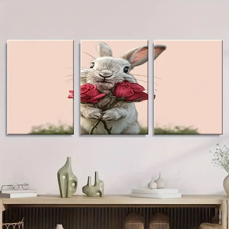 3pcs Cute Little Rabbit Holding Roses Metal Print Ready to Hang Art - Bella Home Decor