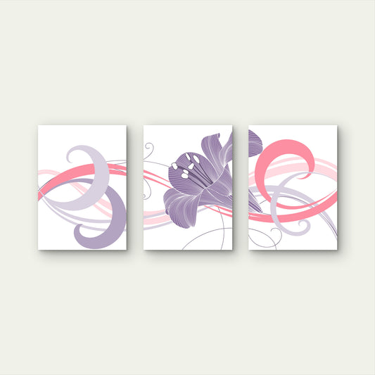 3pcs Purple Lily Flower Pink Abstract Swirl Wall Art Set Canvas Framed 60x90cm - High Quality Print 100% Australian Made Wall Canvas Ready to Hang