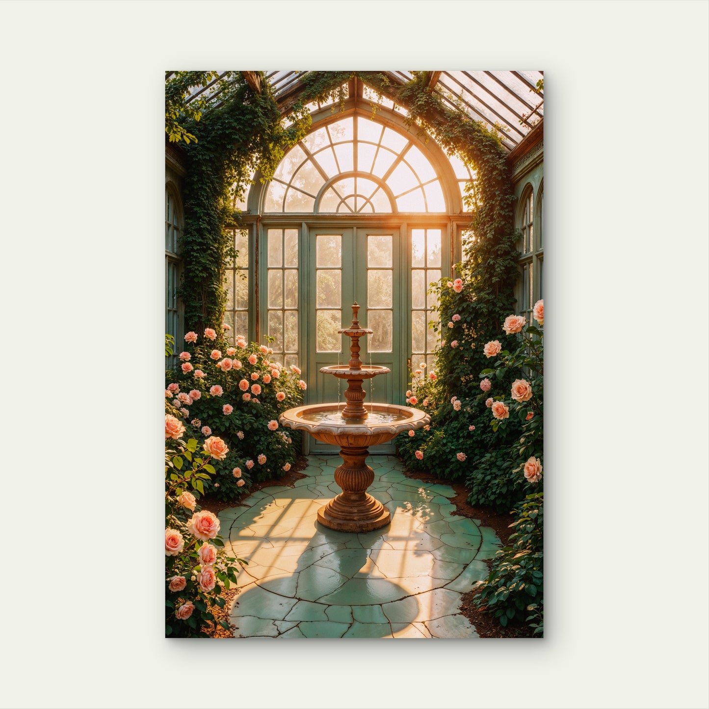 Sunlit Greenhouse Fountain 40x60cm Metal Print Ready to Hang