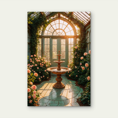 Sunlit Greenhouse Fountain 40x60cm Metal Print Ready to Hang