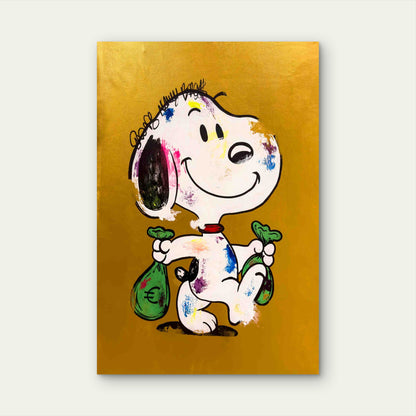 Cartoon Dog Money Bags Gold Background 40x60cm Metal Print Ready to Hang
