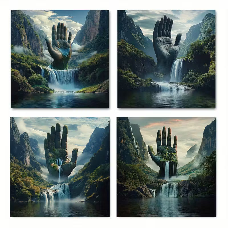 4pcs Hand Water Mountai Themed  Wall Art Canvas Framed