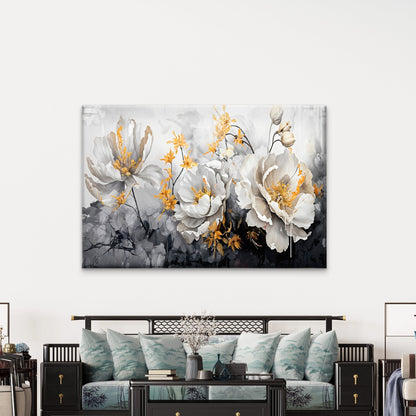 Black Golden Touched White Flowers Wall Art Decor 100% Australian Made