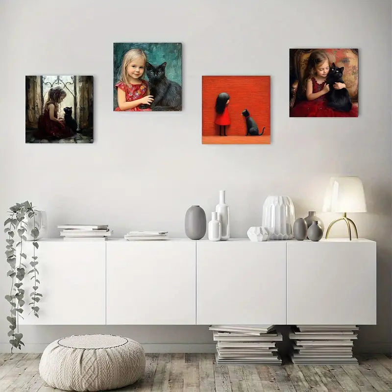 4pcs Little Girl With Black Cat  Wall Art Canvas Framed - Bella Home Decor