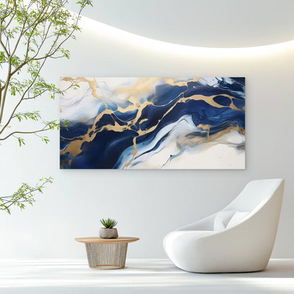 Blue, Golden & White Marble Wall Art Canvas Office Home Room Framed 120x60cm