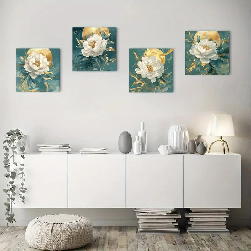 4pcs White Peony In Full Bloo  Wall Art Canvas Framed