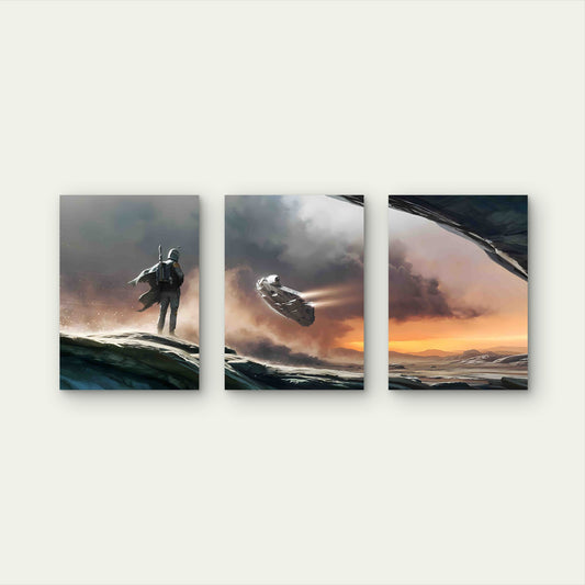 3pcs Armoured Hunter Watching Spaceship Takeoff Metal Print Ready to Hang Art