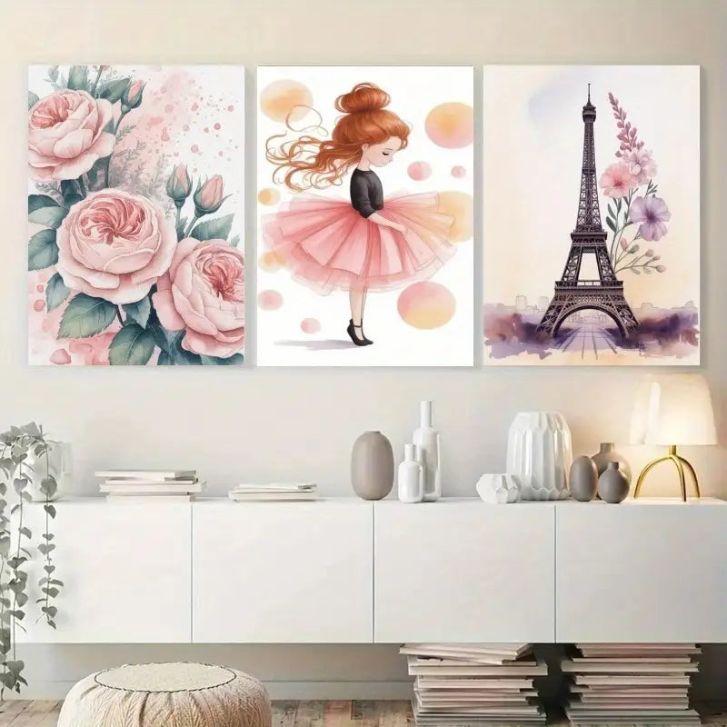 3pcs Pink Roses, Eiffel Tower & Fashion Girl Metal Print Ready to Hang Art