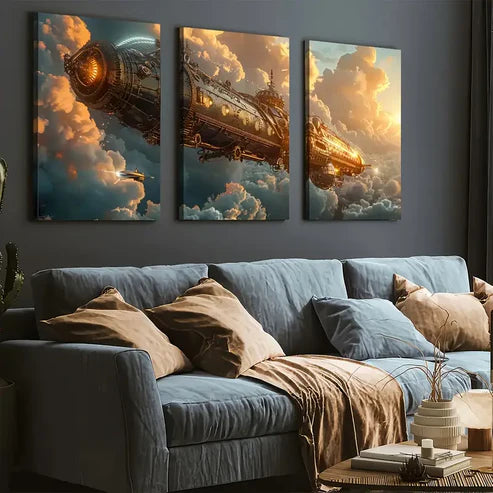 3pcs Steam Mechanical Flying Machine Abstract Art Flying Ship Wall Art Set Canvas Unframed - High Quality Print 100% Australian Made Wall Canvas