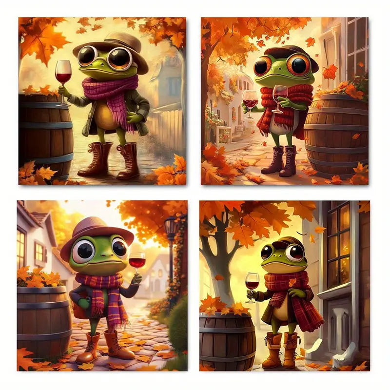 4pcs  Frog Wine Heels  Wall Art Canvas Framed
