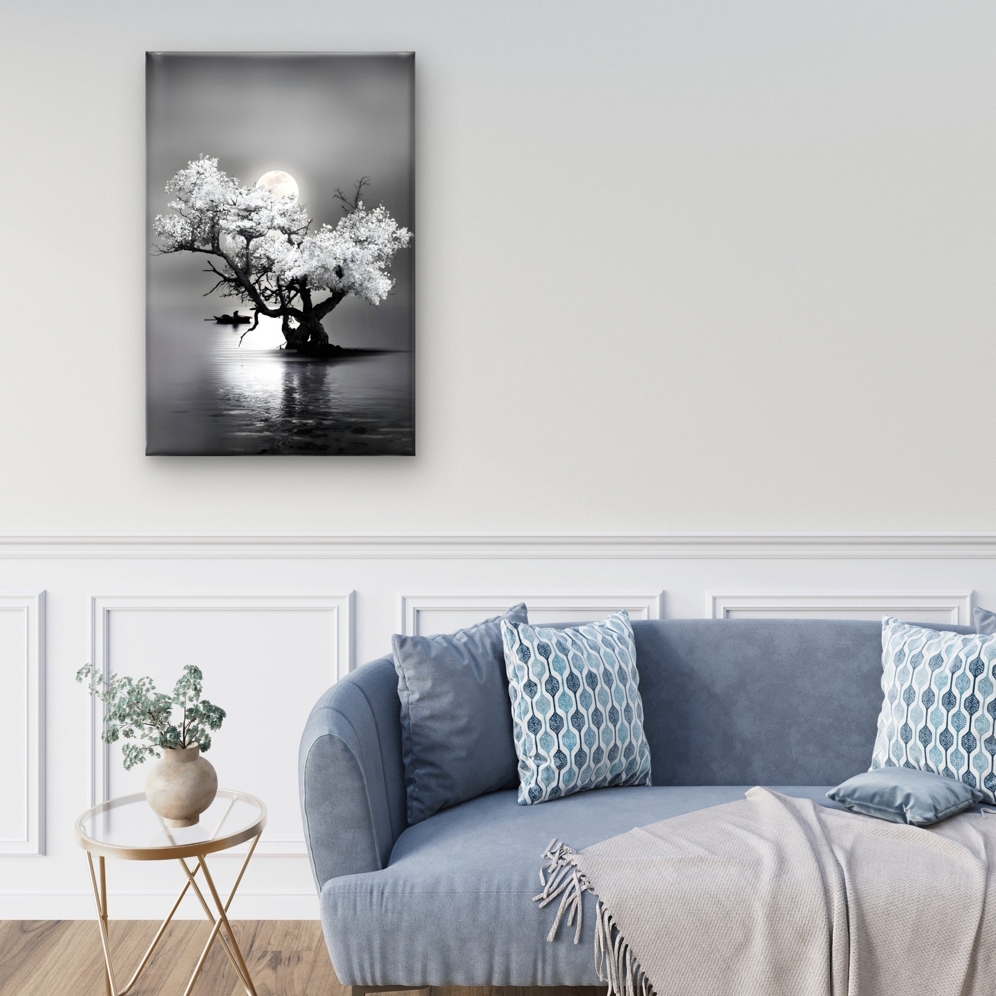 Bella Home Amazing Night View of Tree on Lake with Full Moon Print Canvas Ready to hang - Bella Home Decor