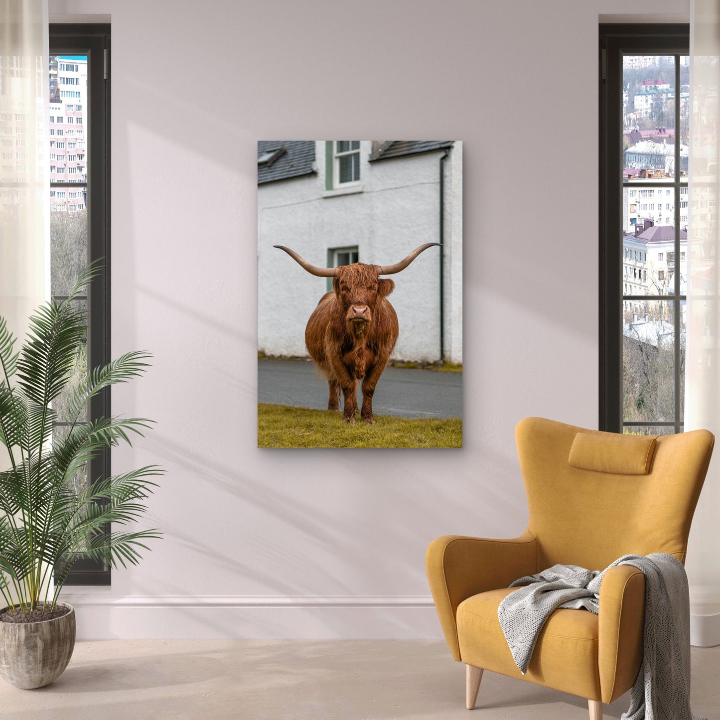 Highland Cow With Long Horns 60x90cm Metal Print Ready to Hang