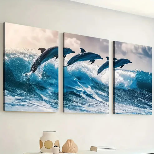 3pcs Modern Style Ocean Wave Dolphin Animal Landscape Art Wall Art Set Canvas Unframed - High Quality Print 100% Australian Made Wall Canvas