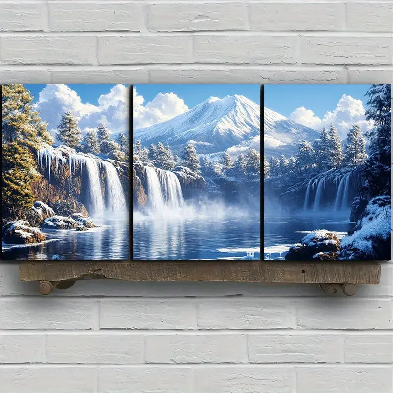 3pcs Snow-Capped Peaks, Waterfall & Pine Trees Metal Print Ready to Hang Art