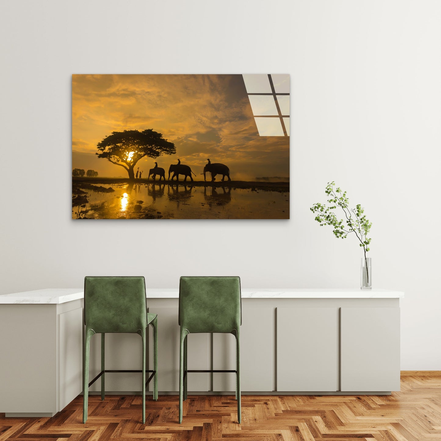 Golden Sunset Elephant Tempered Glass Printing Wall Art Australian Made Quality