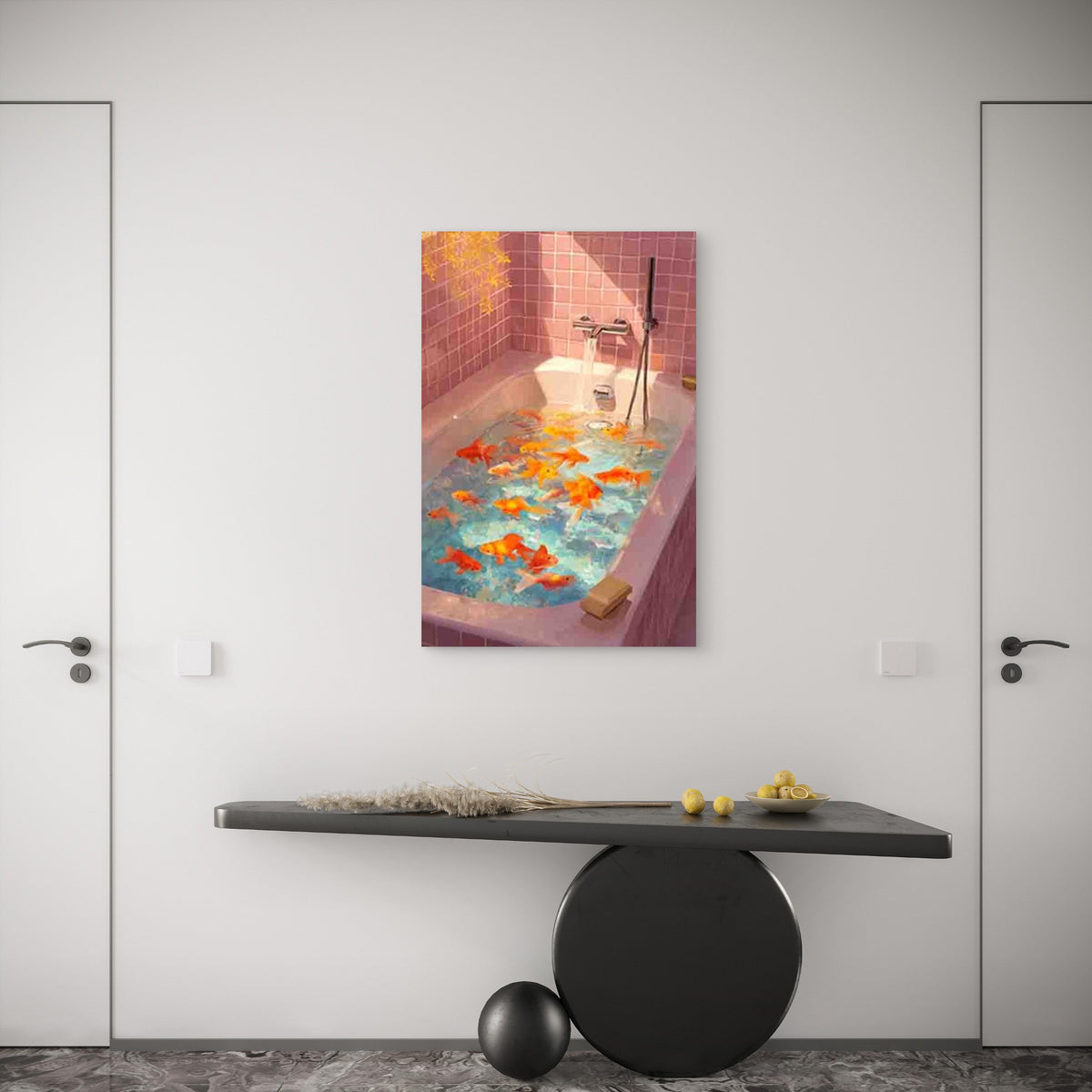 Goldenfish Bathtub Party 60x90cm Metal Print Ready to Hang