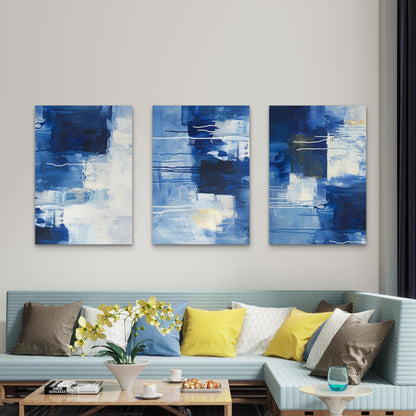 3pcs Modern Blue and White Abstract Oil Painting  Wall Art Set Canvas Framed 60x90cm - High Quality Print 100% Australian Made Wall Canvas Ready to Hang