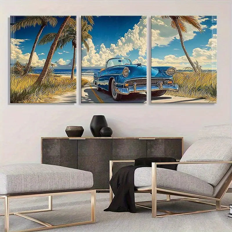 3pcs Blue Car & Palm Trees, Turquoise Metal Print Ready to Hang Art - Bella Home Decor