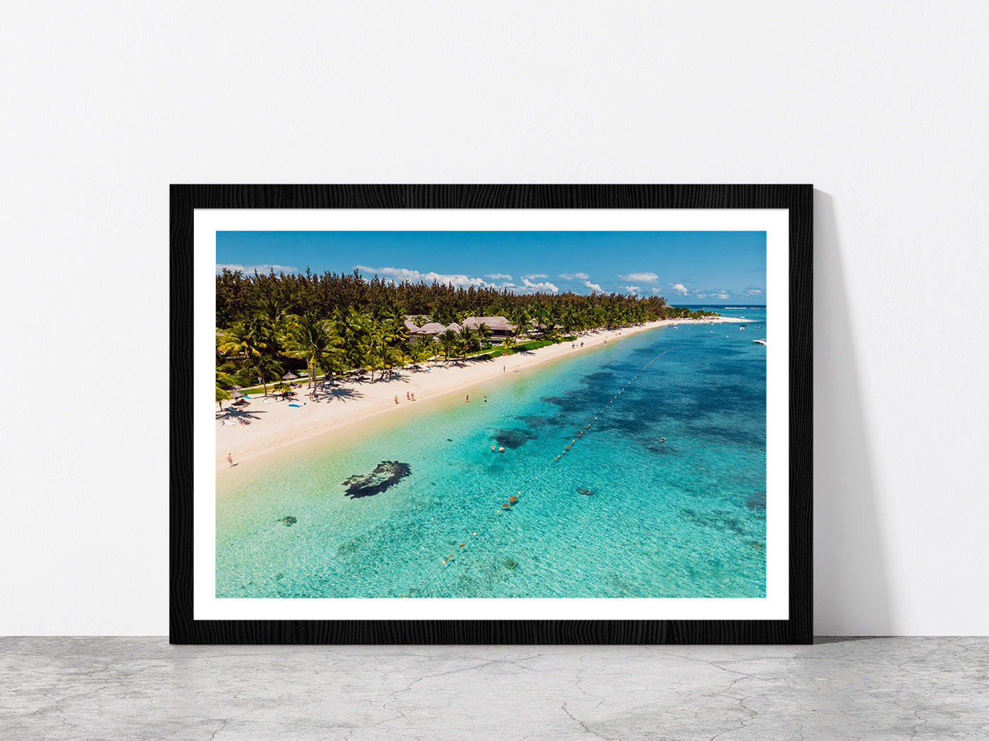 Tropical Sandy Beach In Mauritius Glass Framed Wall Art, Ready to Hang Quality Print With White Border Black