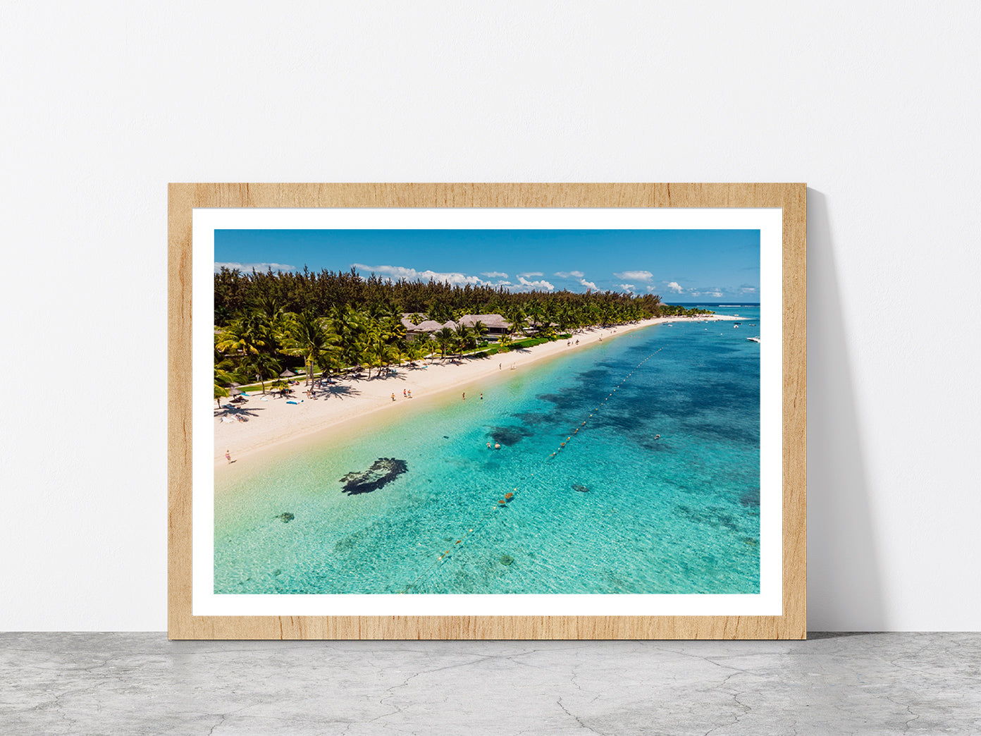 Tropical Sandy Beach In Mauritius Glass Framed Wall Art, Ready to Hang Quality Print With White Border Oak