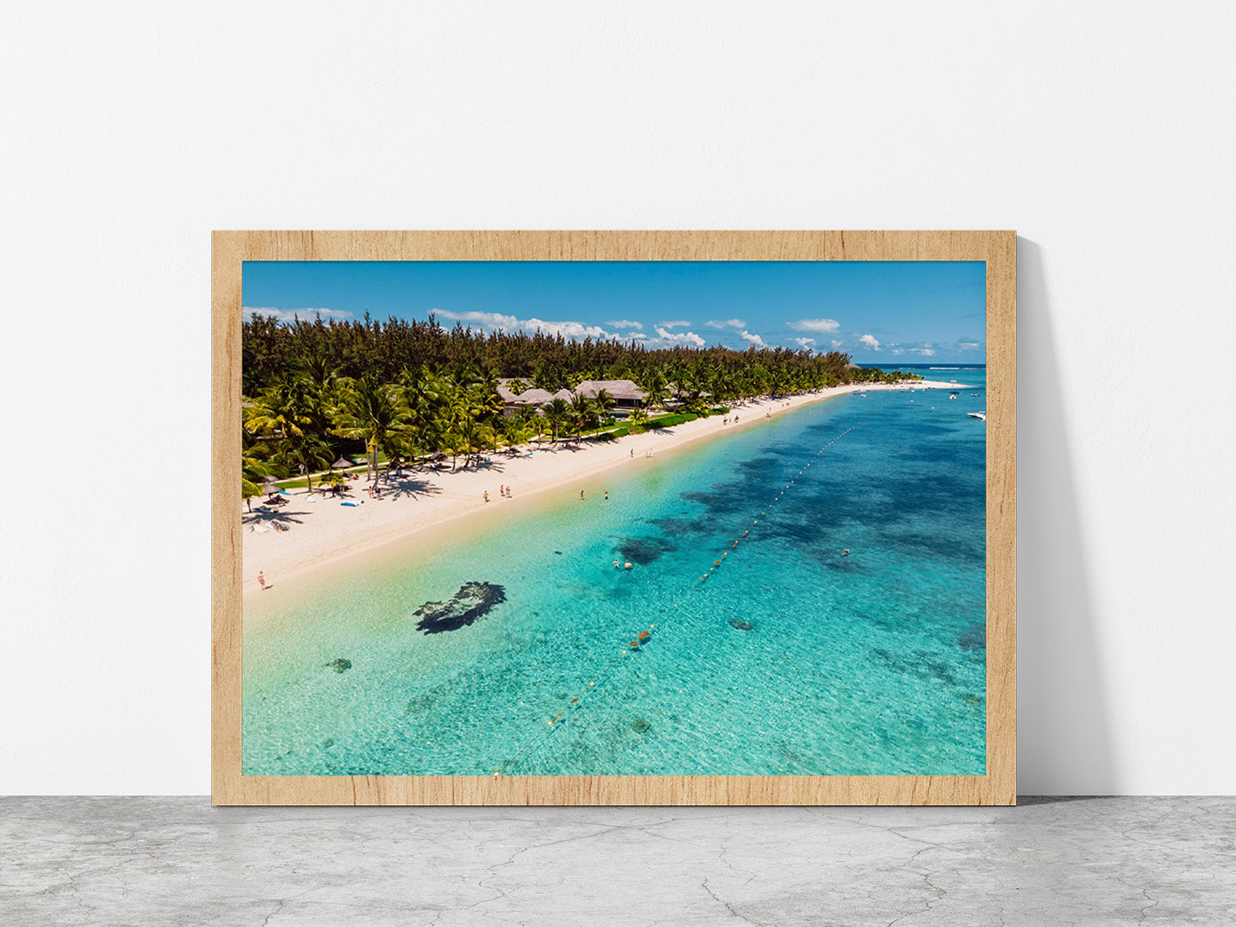 Tropical Sandy Beach In Mauritius Glass Framed Wall Art, Ready to Hang Quality Print Without White Border Oak