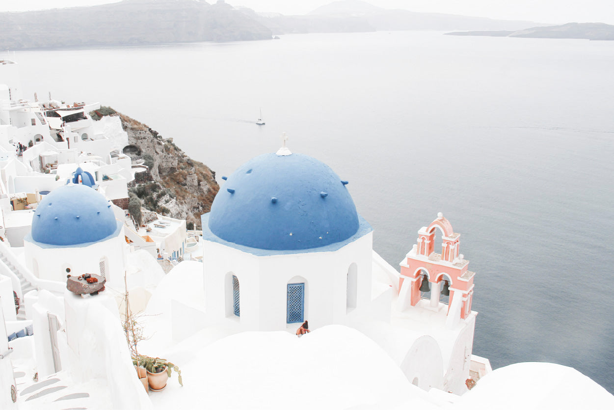 Santorini White Houses & Sea Faded Photograph Glass Framed Wall Art, Ready to Hang Quality Print