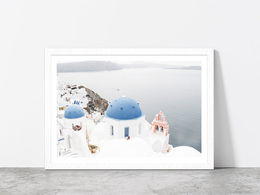 Santorini White Houses & Sea Faded Photograph Glass Framed Wall Art, Ready to Hang Quality Print With White Border White