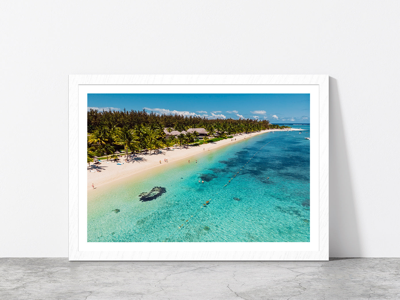 Tropical Sandy Beach In Mauritius Glass Framed Wall Art, Ready to Hang Quality Print With White Border White